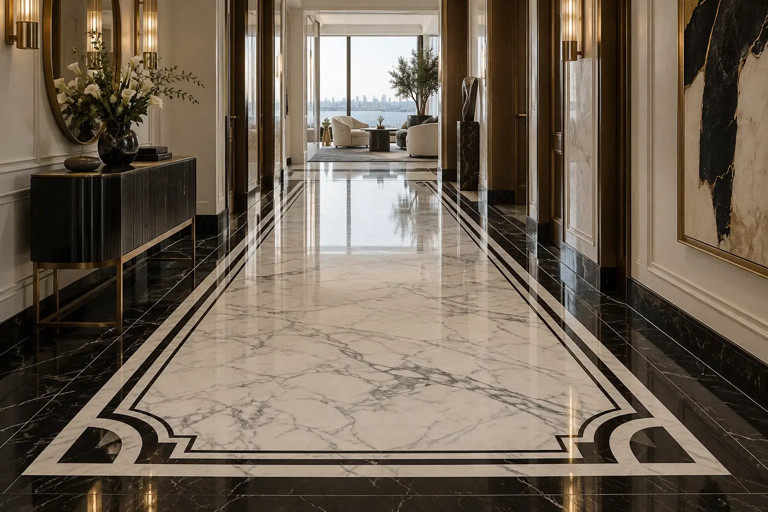 Carrara and black marble corridor floor