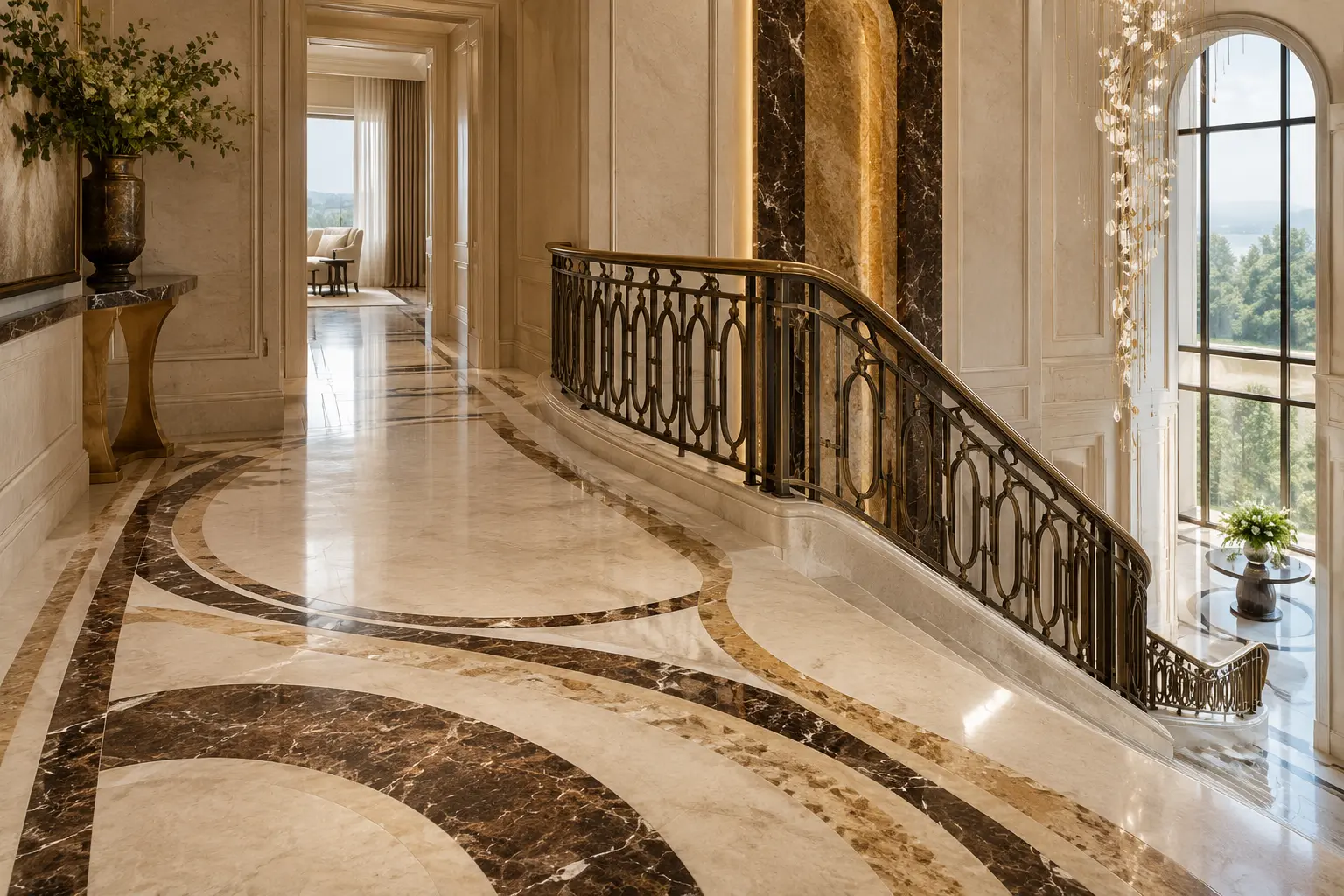 Curved marble inlay on staircase landing