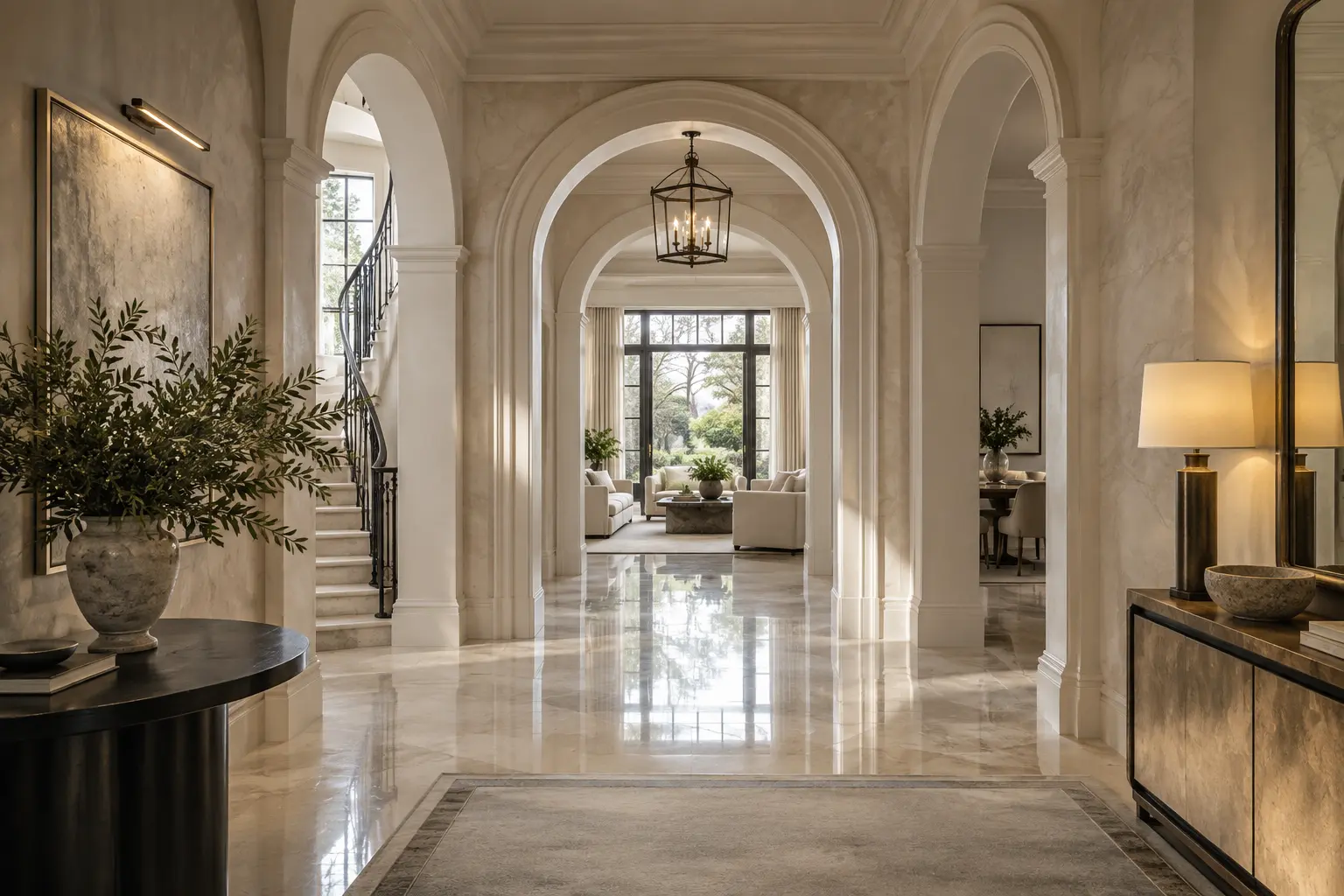 Polished plaster foyer with painted arches