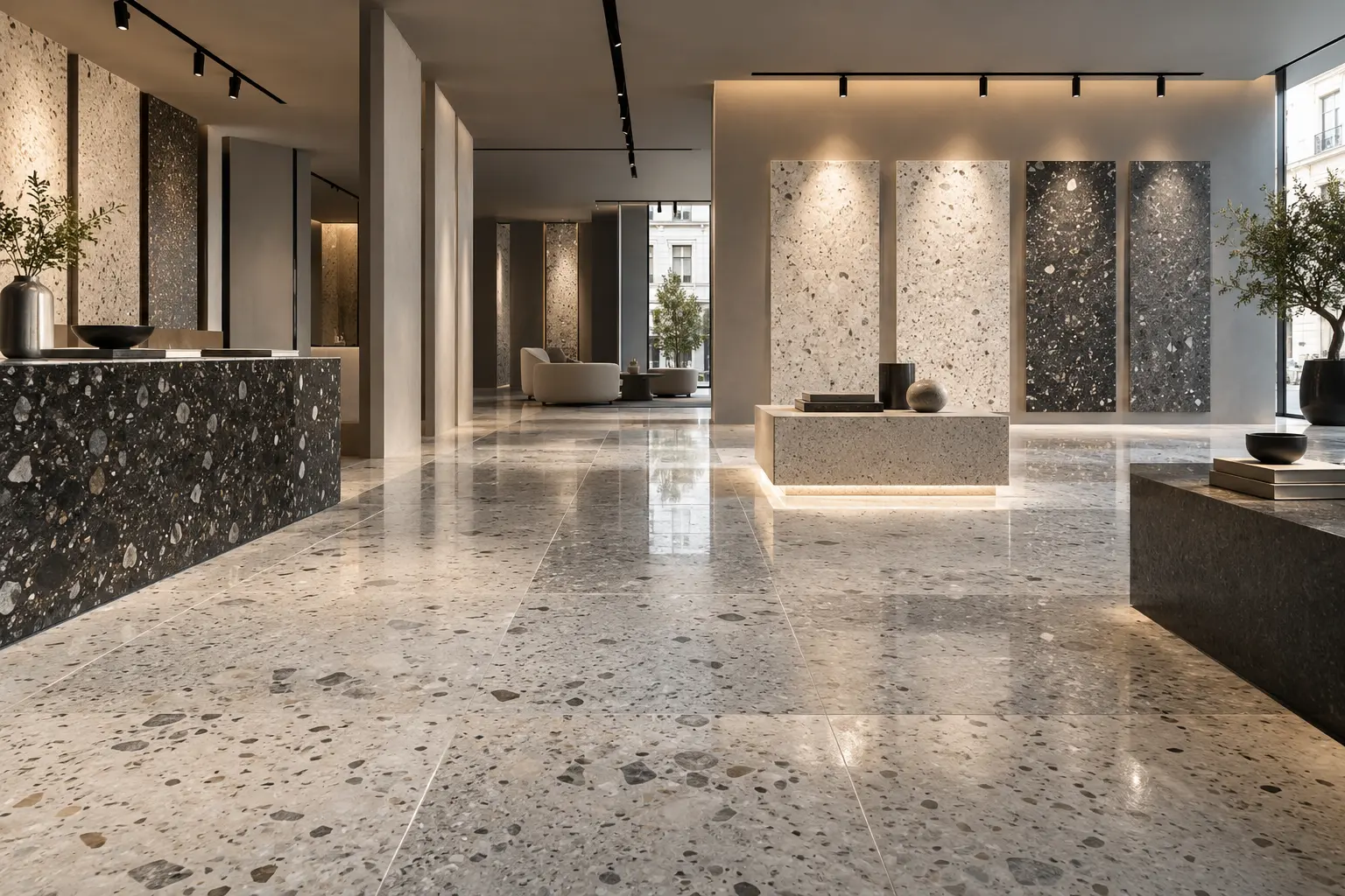 Terrazzo-effect porcelain showroom floor